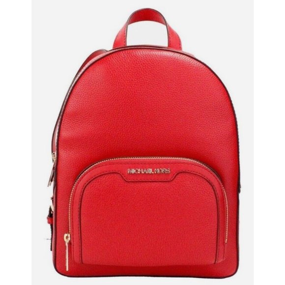New Michael Kors Jaycee Medium Zip Pocket Backpack Leather Bright Red - Picture 1 of 3